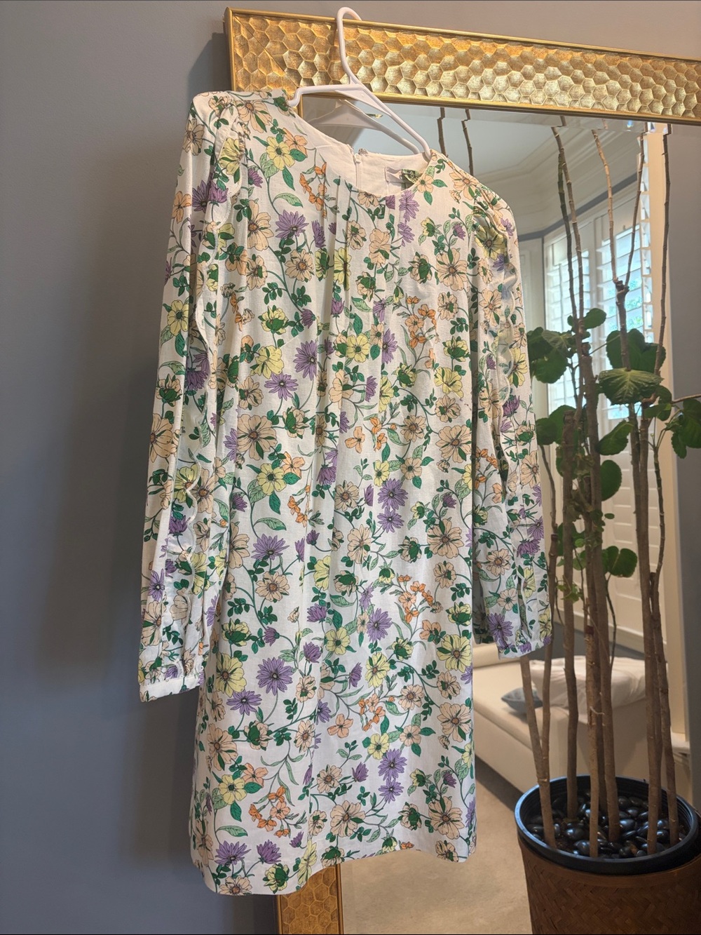 LOFT White Floral Long Sleeve Dress with Purple, Yellow and Green Flowers